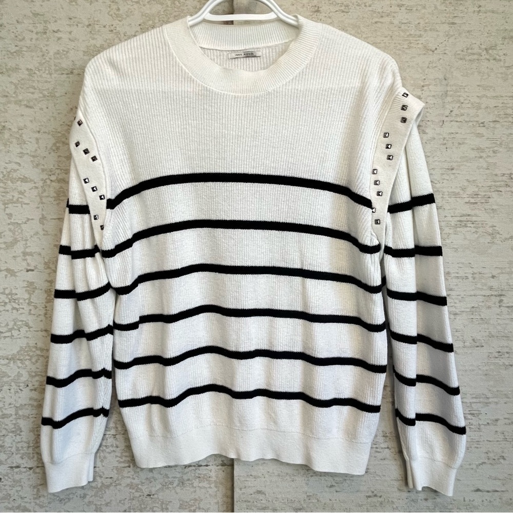 IKKS Women Striped Black and White Sweater Sz L Nautical Coastal Preppy Prep